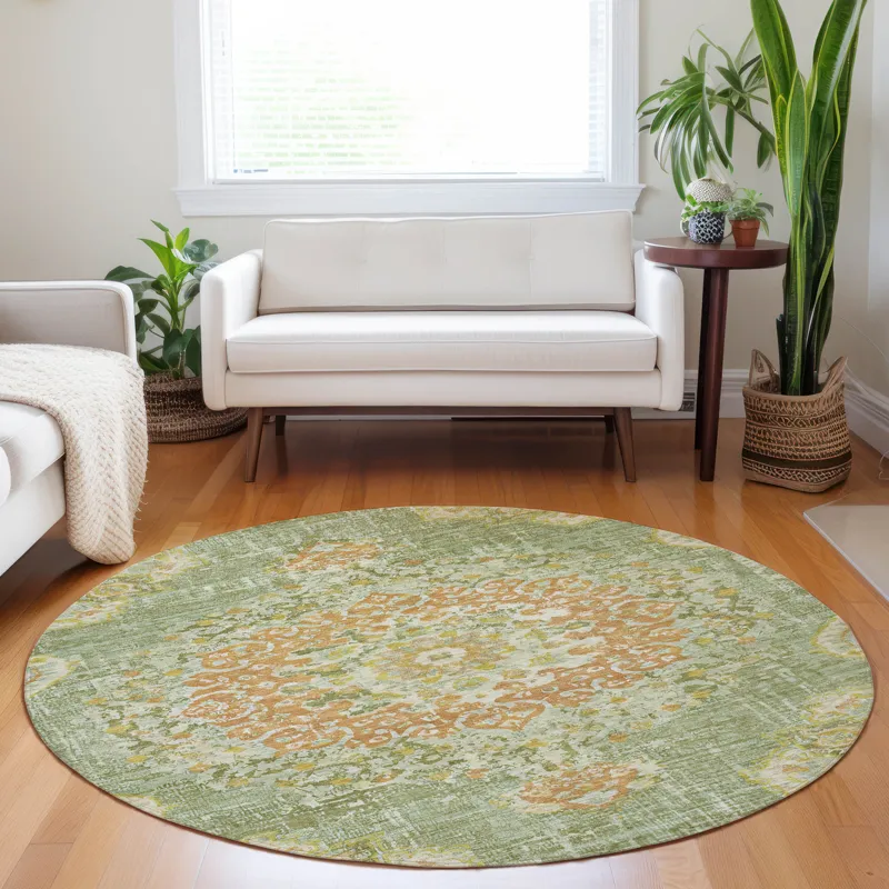 Luxury Washable Indoor/Outdoor Tabrook Aloe 8\' x 8\' Round Rug