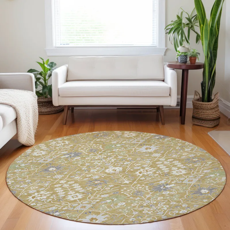 Luxury Washable Indoor/Outdoor Tabrook Gold 8\' x 8\' Round Rug