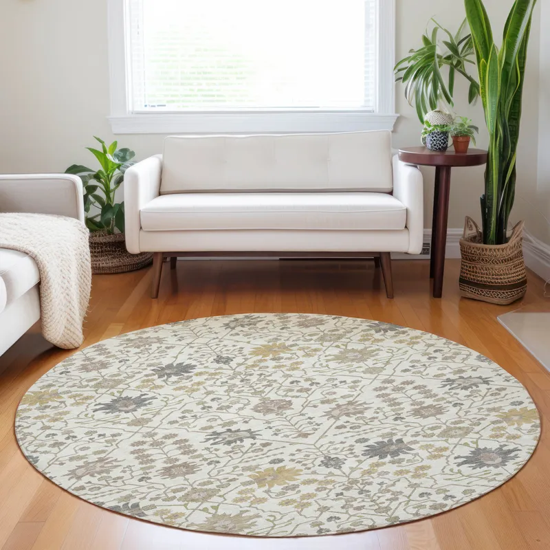 Luxury Washable Indoor/Outdoor Tabrook Ivory 8\' x 8\' Round Rug