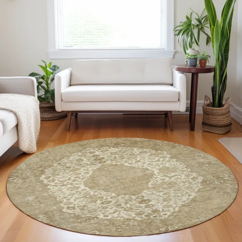 Luxury Washable Indoor/Outdoor Tabrook Beige 8\' x 8\' Round Rug