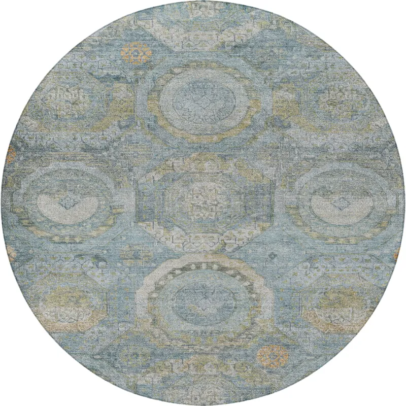 Luxury Washable Indoor/Outdoor Tabrook Blue 8\' x 8\' Round Rug