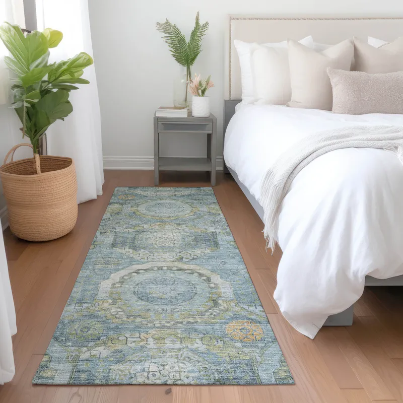 Luxury Washable Indoor/Outdoor Tabrook Blue 2\'3\" x 7\'6\" Runner Rug