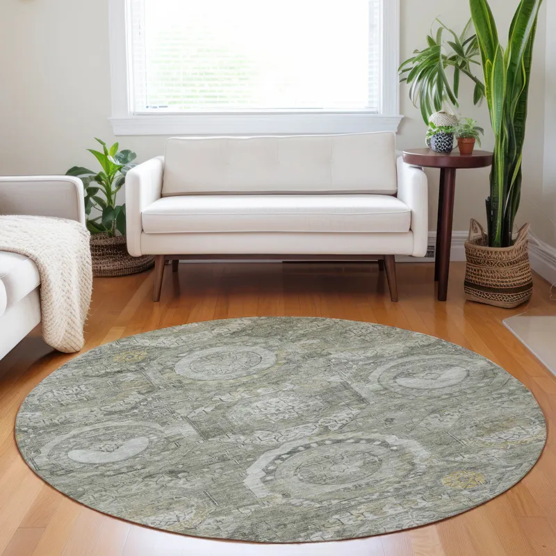 Luxury Washable Indoor/Outdoor Tabrook Pewter 8\' x 8\' Round Rug