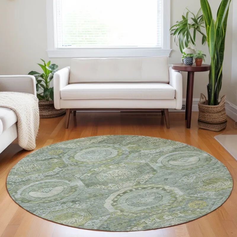 Luxury Washable Indoor/Outdoor Tabrook Sage 8\' x 8\' Round Rug