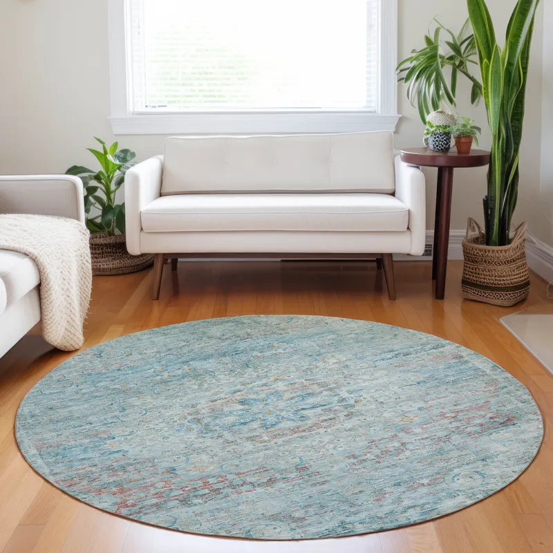 Luxury Washable Indoor/Outdoor Tabrook Sky 8\' x 8\' Round Rug