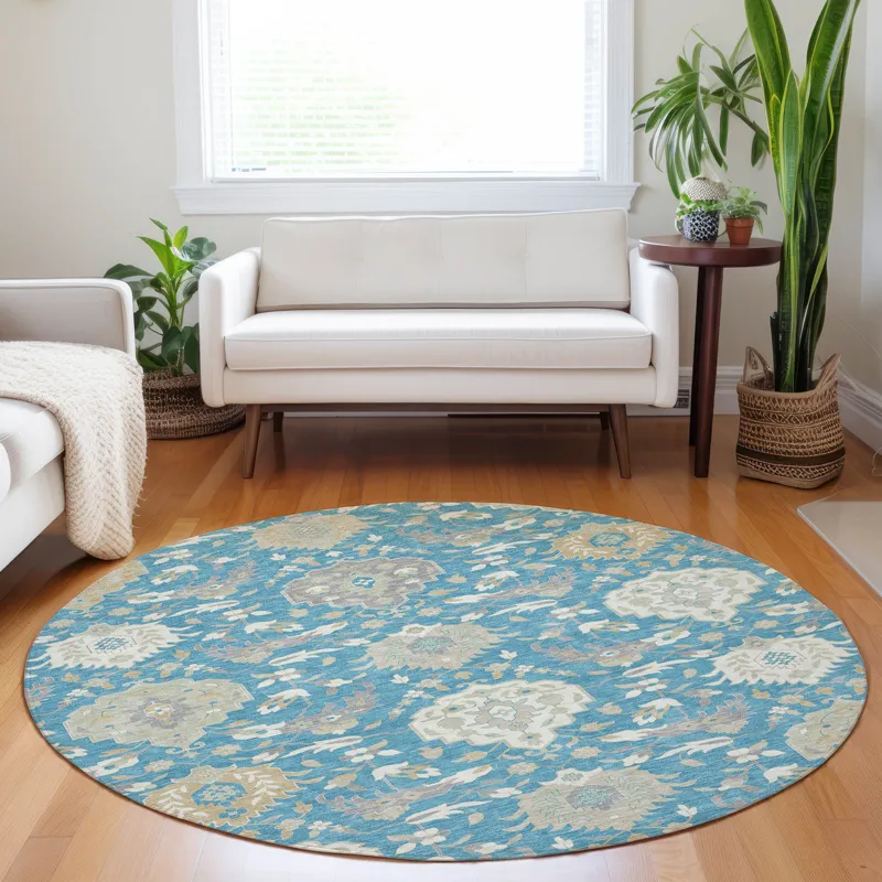 Luxury Washable Indoor/Outdoor Tabrook Blue 8\' x 8\' Round Rug