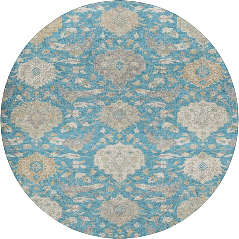 Luxury Washable Indoor/Outdoor Tabrook Blue 8\' x 8\' Round Rug