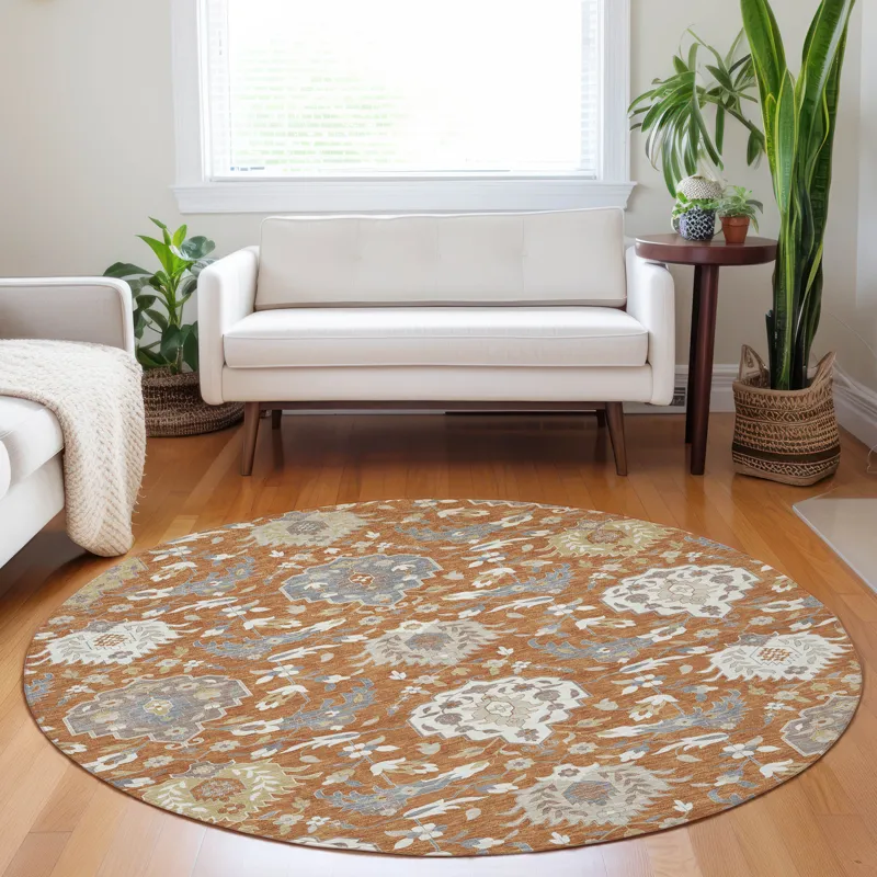 Luxury Washable Indoor/Outdoor Tabrook Copper 8\' x 8\' Round Rug