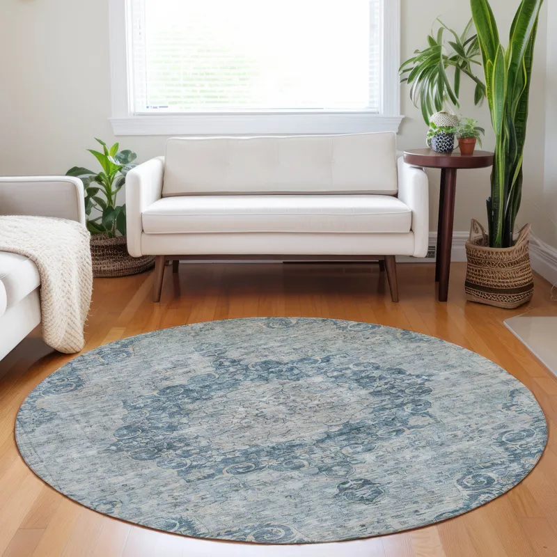Luxury Washable Indoor/Outdoor Tabrook Blue 8\' x 8\' Round Rug
