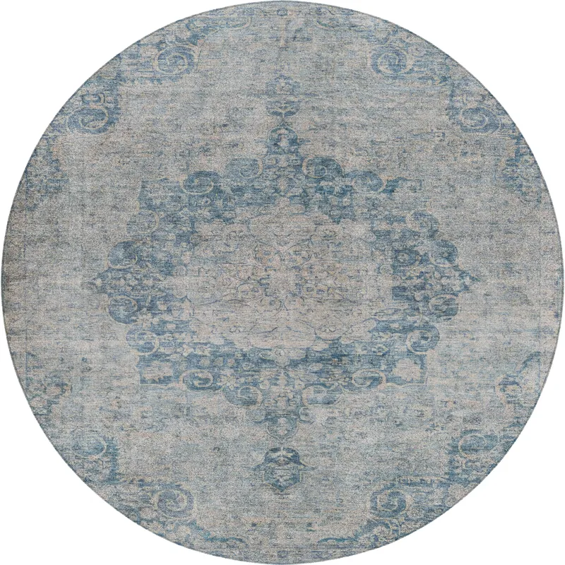 Luxury Washable Indoor/Outdoor Tabrook Blue 8\' x 8\' Round Rug