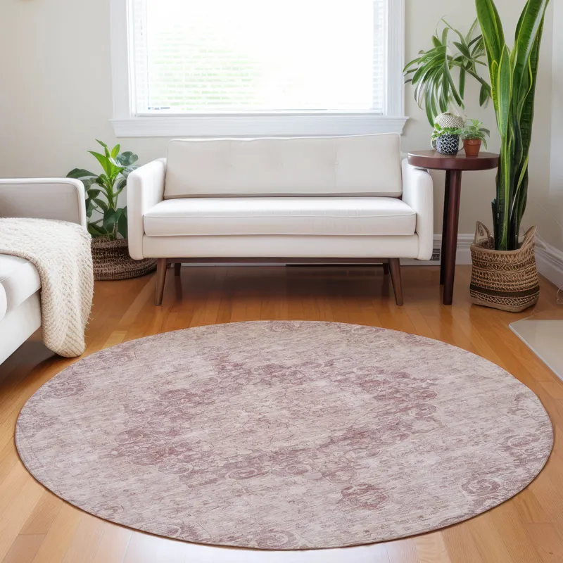 Luxury Washable Indoor/Outdoor Tabrook Pink 8\' x 8\' Round Rug