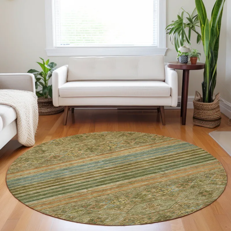 Luxury Washable Indoor/Outdoor Tabrook Aloe 8\' x 8\' Round Rug