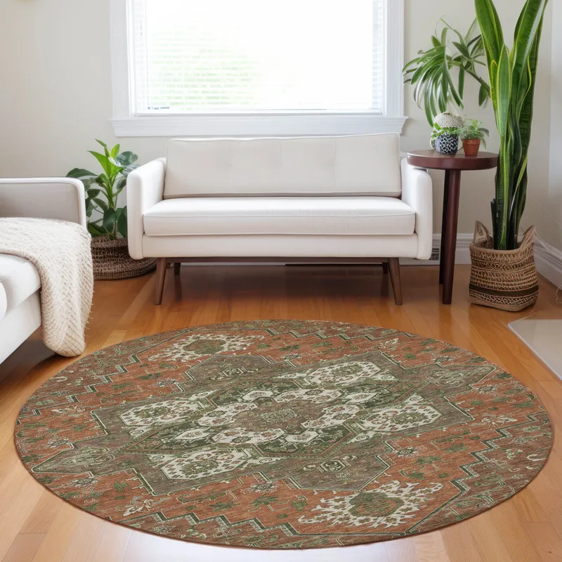 Luxury Washable Indoor/Outdoor Tabrook Rust 8\' x 8\' Round Rug