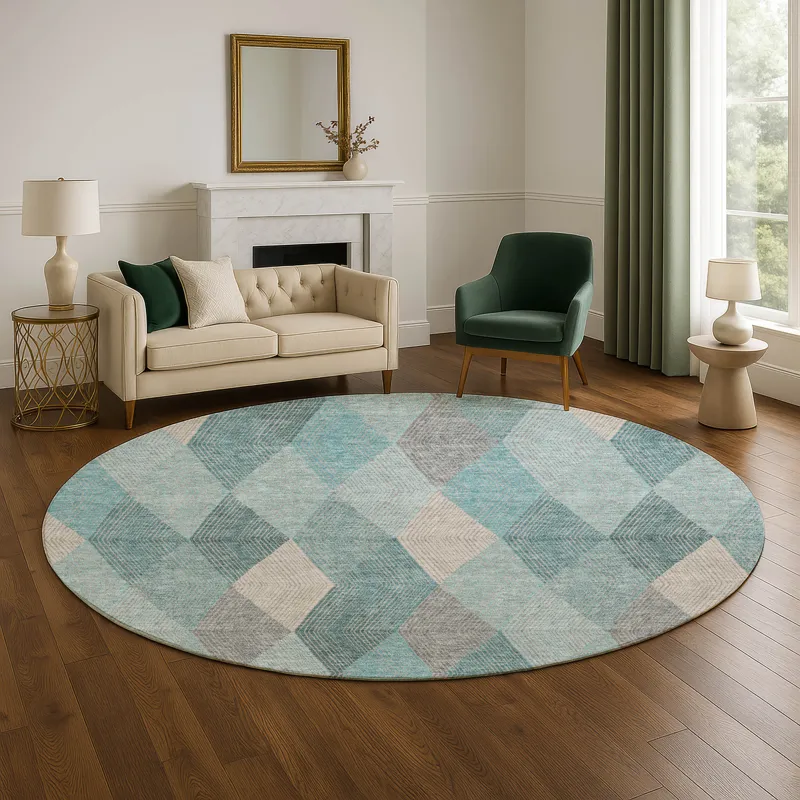 Luxury Washable Indoor/Outdoor The Reserve Turquoise 8\' x 8\' Round Rug