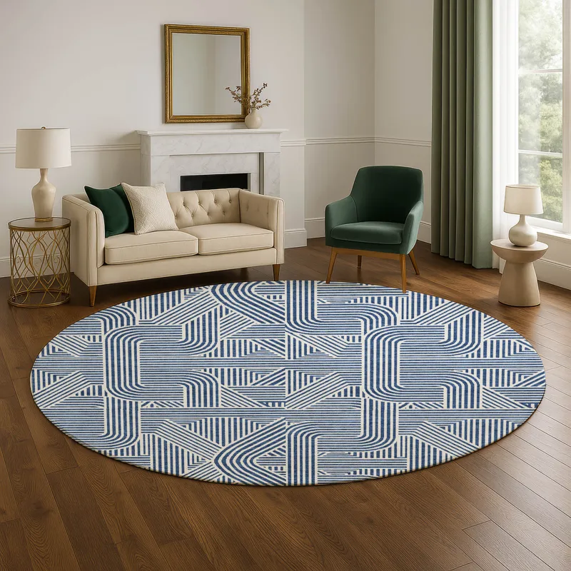 Luxury Washable Indoor/Outdoor The Reserve Navy 8\' x 8\' Round Rug