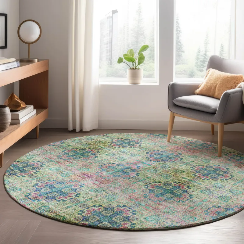 Luxury Washable Trevi Green 8\' x 8\' Round Rug