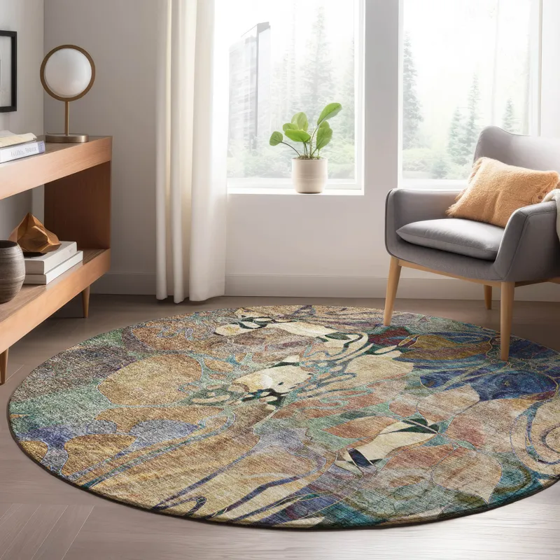 Luxury Washable Trevi Beige 8\' x 8\' Round Rug
