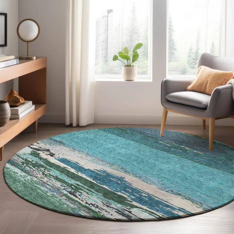 Luxury Washable Trevi Teal 8\' x 8\' Round Rug