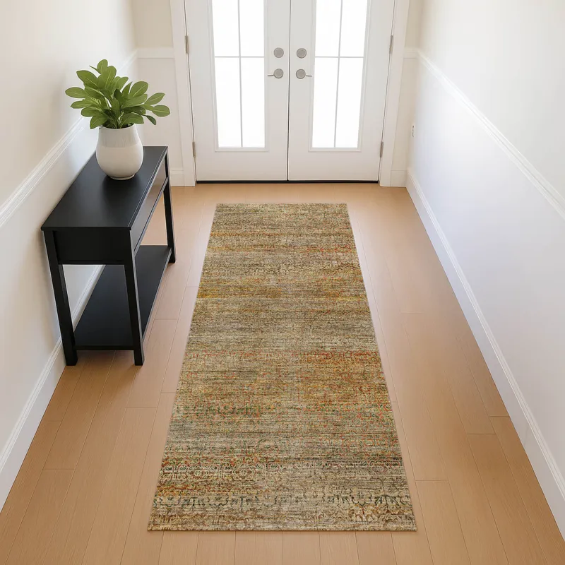 Machine Washable Vico Khaki 2\'3\" x 7\'6\" Runner Rug