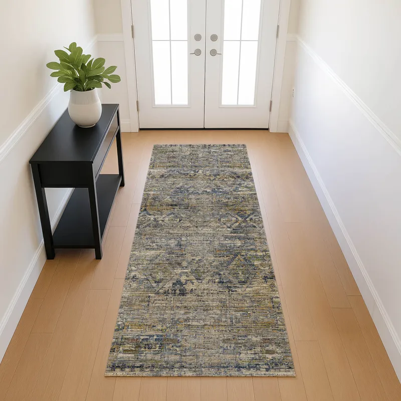 Machine Washable Vico Navy 2\'3\" x 7\'6\" Runner Rug