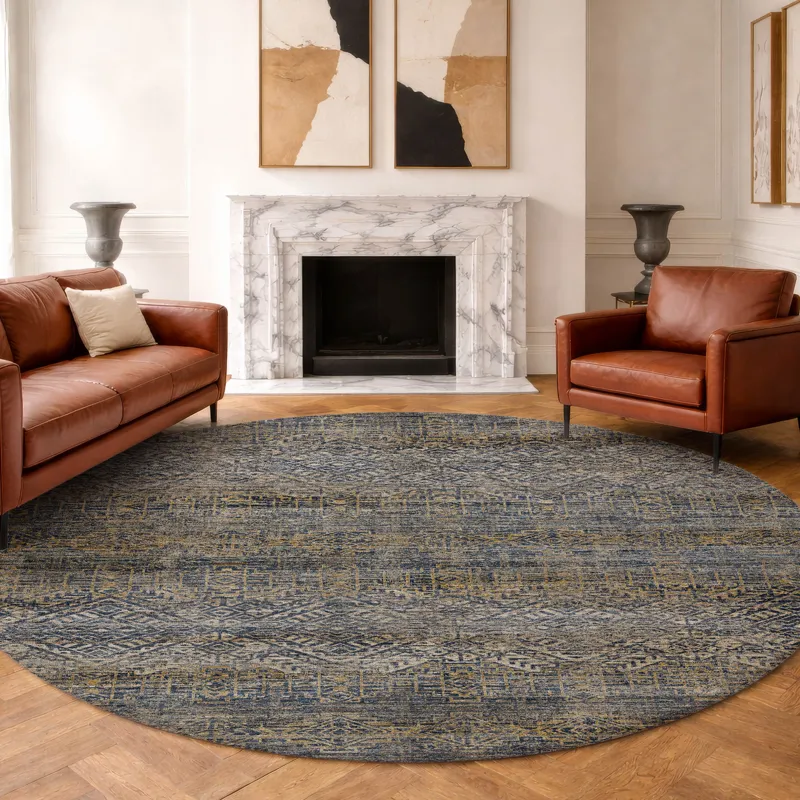 Machine Washable Vico Navy 8\' x 8\' Round Rug