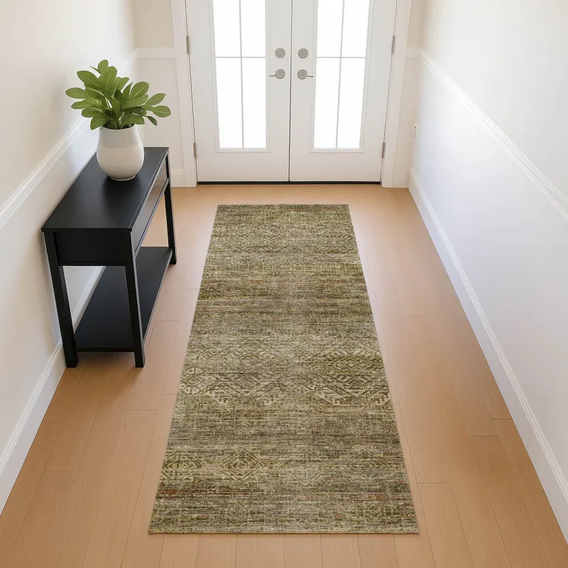 Machine Washable Vico Olive 2\'3\" x 7\'6\" Runner Rug