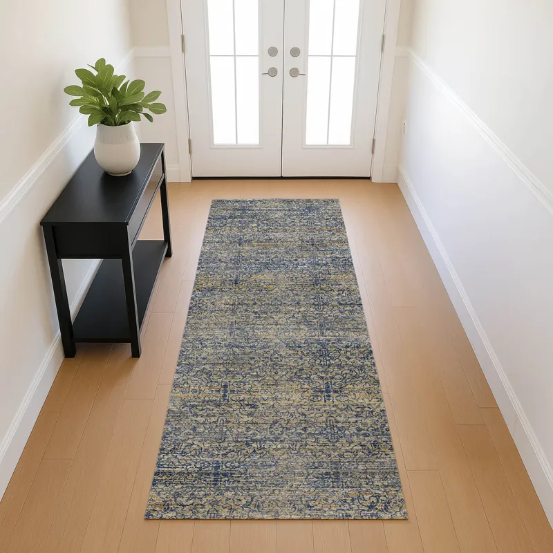 Machine Washable Vico Navy 2\'3\" x 7\'6\" Runner Rug