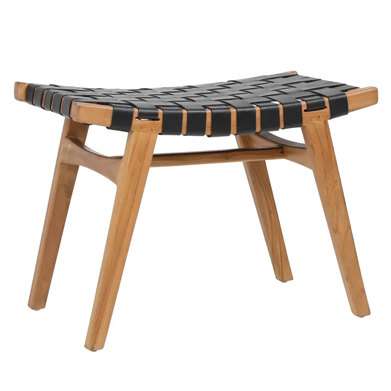 Camila Stool Natural Teak Black Leather
