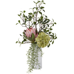 Pink Proteas and Green Hydrangea with Foliage in Tall Cora Vase