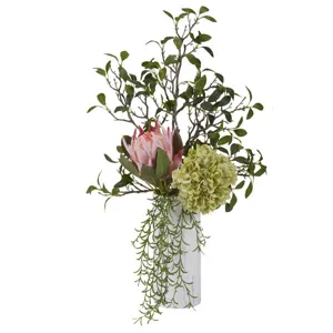 Pink Proteas and Green Hydrangea with Foliage in Tall Cora Vase