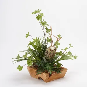 Green Mink Protea w/Staghorn Fern & Foliage in Square Wooden Planter