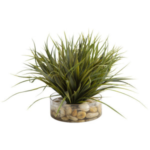Grass with Large White River Rock in Round Glass