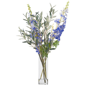 Blue Delphiniums with Olive Spray in Glass Cylinder