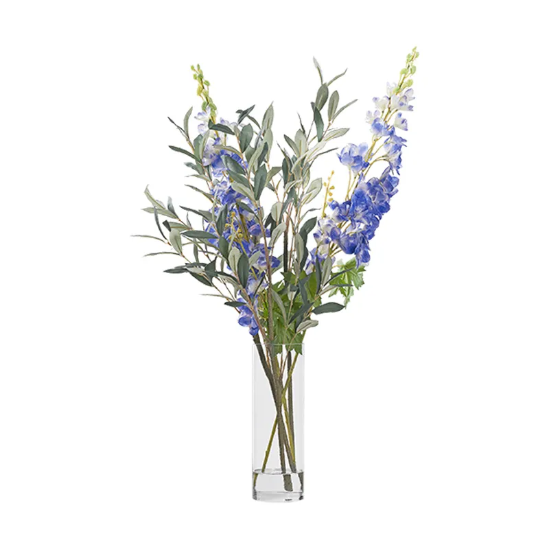 Blue Delphiniums with Olive Spray in Glass Cylinder