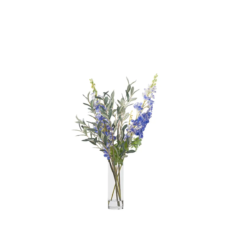 Blue Delphiniums with Olive Spray in Glass Cylinder