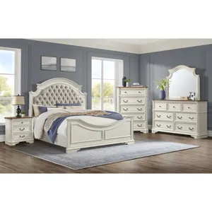 Bellevue Queen Upholstered Bed with Beige Fabric in Antique White