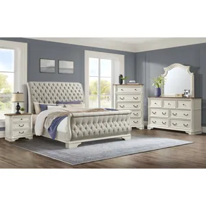 Bellevue King Upholstered Sleigh Bed with Beige Fabric in Antique White