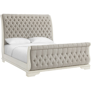 Bellevue King Upholstered Sleigh Bed with Beige Fabric in Antique White