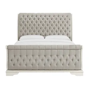 Bellevue King Upholstered Sleigh Bed with Beige Fabric in Antique White