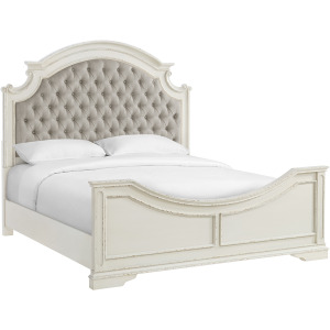 Bellevue King Upholstered Bed with Beige Fabric in Antique White