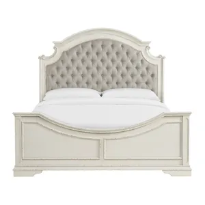 Bellevue King Upholstered Bed with Beige Fabric in Antique White