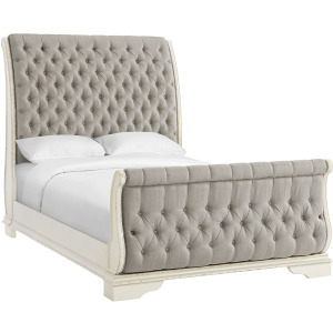 Bellevue Queen Upholstered Sleigh Bed with Beige Fabric in Antique White