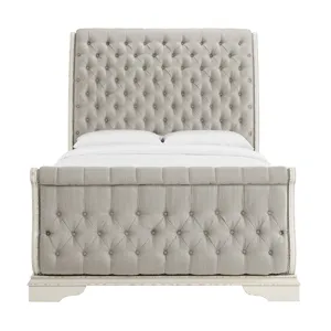 Bellevue Queen Upholstered Sleigh Bed with Beige Fabric in Antique White