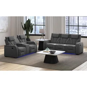 Blitz Motion Loveseat with Console, and LED in Simba Slate and Black Welt