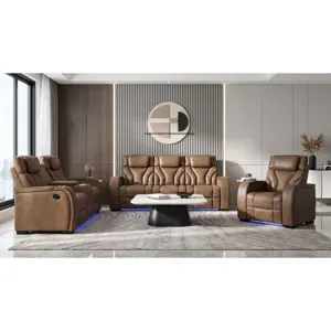 Blitz Motion Loveseat with Console, and LED in Simba Cafe and Black Welt