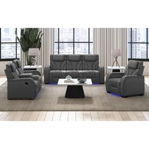 Blitz Motion Loveseat with Console, and LED in Simba Slate and Black Welt