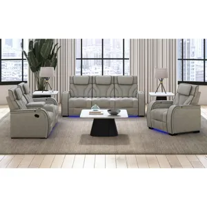 Blitz Motion Loveseat with Console, and LED in Simba Taupe and Black Welt