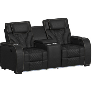 Blitz Motion Loveseat with Console, and LED in Simba Black and Slate Welt