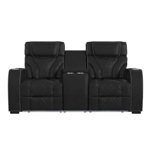 Blitz Motion Loveseat with Console, and LED in Simba Black and Slate Welt