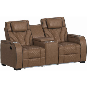 Blitz Motion Loveseat with Console, and LED in Simba Cafe and Black Welt